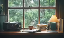 coffee cup on desk in front of open window