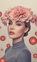 a young woman is surrounded by large flowers