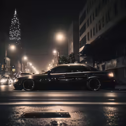 a car on a street at night with lights on