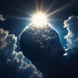 a man in the middle of clouds with the light on his face