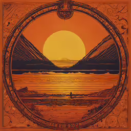 an illustration shows a yellow and red sunset in the background,a sun is seen behind a silhouette of a boat