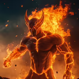 a fire demon standing in the middle of a field