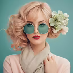a woman wearing sunglasses and flowers in her hair