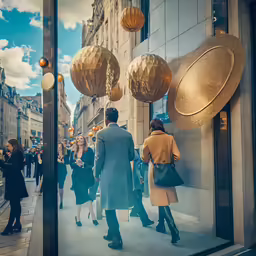 people standing on the sidewalk next to the glass windows of a store