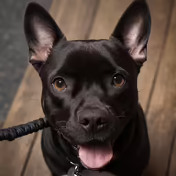 black dog with collar and tongue sitting on wooden surface
