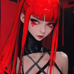 a woman with long red hair and black leather