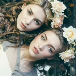 two beautiful young women wearing flower crowns standing side by side