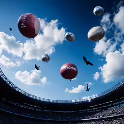 large balloons floating through the air in an arena