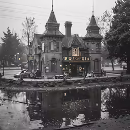 this black and white image shows a building near the water