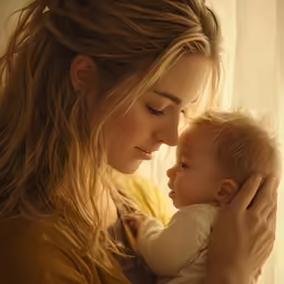 a young woman holding a baby with her arms on her shoulders