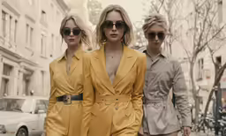 three girls walking down a street together with one wearing sunglasses