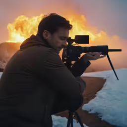 a man holding a video camera in front of a large fire