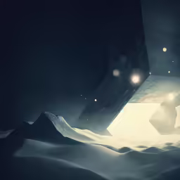 an opening in the snow shows lights coming from within a black box