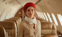a woman is standing by an airplane in the cabin