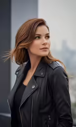 a woman in black is standing next to a building