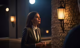 the young woman in a suit looks back at the man