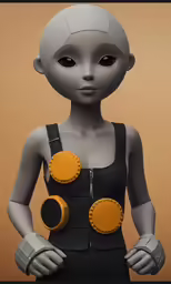 an alien girl has many circular pieces of material around her body