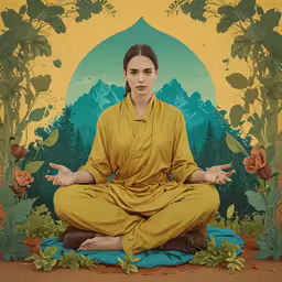 a woman sitting in a lotus position on top of a blanket,the image shows a woman seated in a lotus position and meditating