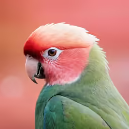 a red - breasted parrot is standing with one eye on the ground