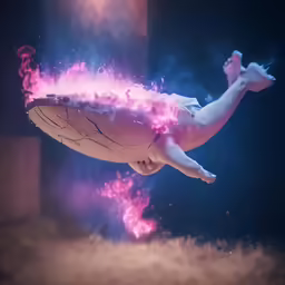 a person diving into a swimming pool while fire comes out of their belly