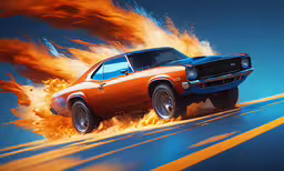 a car with flames in the air going down a road,an orange car driving through a lot of flames