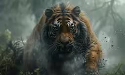 the tiger is running through the forest with its eyes closed
