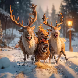 three deers, one wearing reindeer clothes and one wearing reindeer clothes, are running in the snow