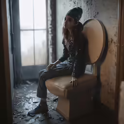 a young lady sitting in a chair looking at the window