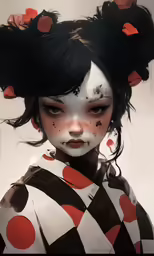 a painting of a child wearing black hair