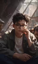 a boy sitting in front of a group of people wearing glasses
