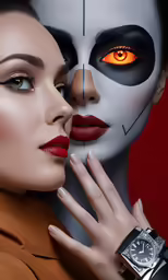 a woman is dressed as a skeleton and a lady in a watch