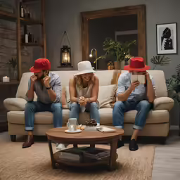 three people sitting on couches near each other eating