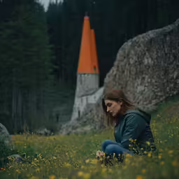 woman crouches next to the grass with yellow flowers