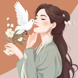 an illustration of a woman with flowers and a dove
