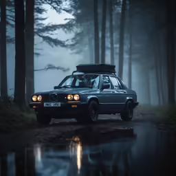 a car is sitting on the road in the woods