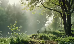 an image of a man walking through the forest