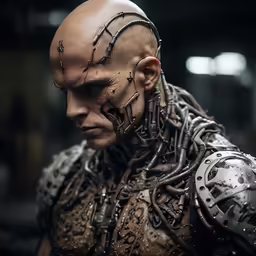 the character is wearing a metal outfit and chains