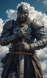 a man in armor holding a sword under a cloudy sky