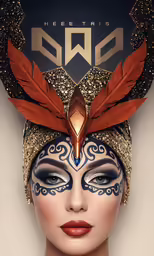 a woman wearing a colorful mask and feather headdress