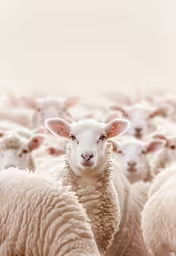 a large group of sheep in a field,a lamb stands among white sheep in the middle of a field