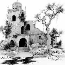 an artistic photograph of an old building with large trees