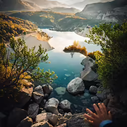 a scenic scene with trees, rocks and blue water