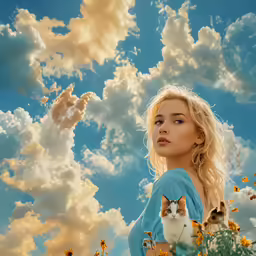 the girl and the cat are standing in the sunflower field
