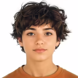 a man with long dark curly hair stares at the camera