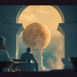 a person sitting on a bench with a huge moon above them
