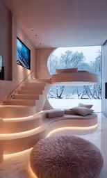 a couch and some stairs near a glass wall