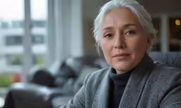 a woman with white hair is looking to the side