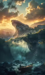a man in a small boat on water surrounded by mountains