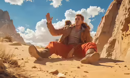 a man sitting in the desert on the sand