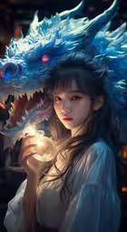a woman with a white dress and headdress on, holding a dragon like item,a girl in a white dress holds a lit ball while a dragon head is on her forehead